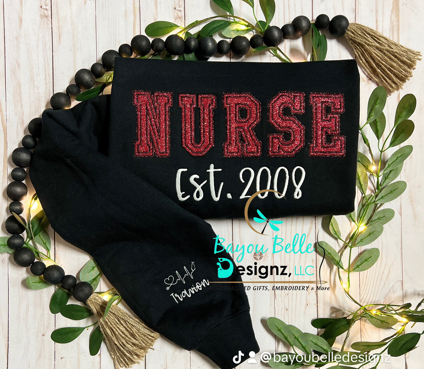 Nurse embroidered sweatshirt w/add-on sleeve embroidery