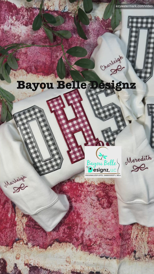 CUSTOM APPLIQUÉ SCHOOL TEAM/CLUB SPIRIT SWEATSHIRT- PERSONALIZED WITH SCHOOL INITIALS